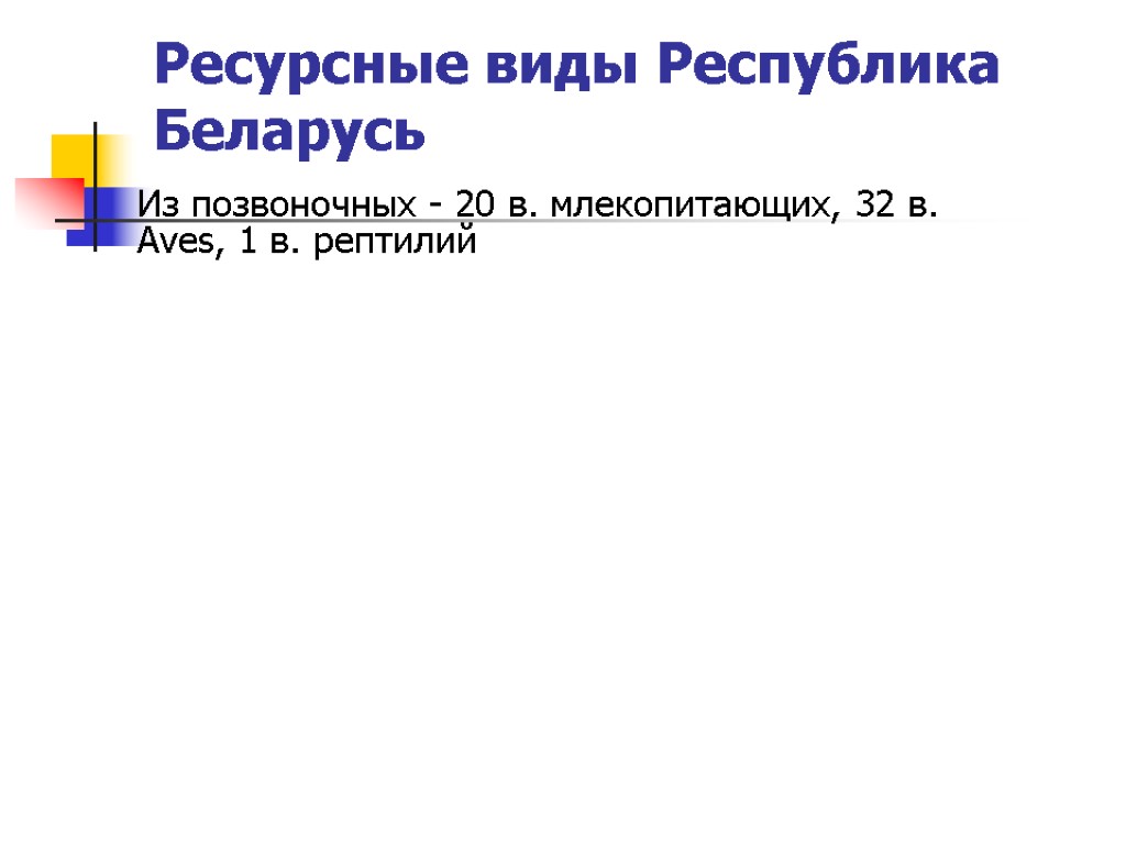 Ресурсные виды Республика Беларусь Из позвоночных - 20 в. млекопитающих, 32 в. Aves, 1